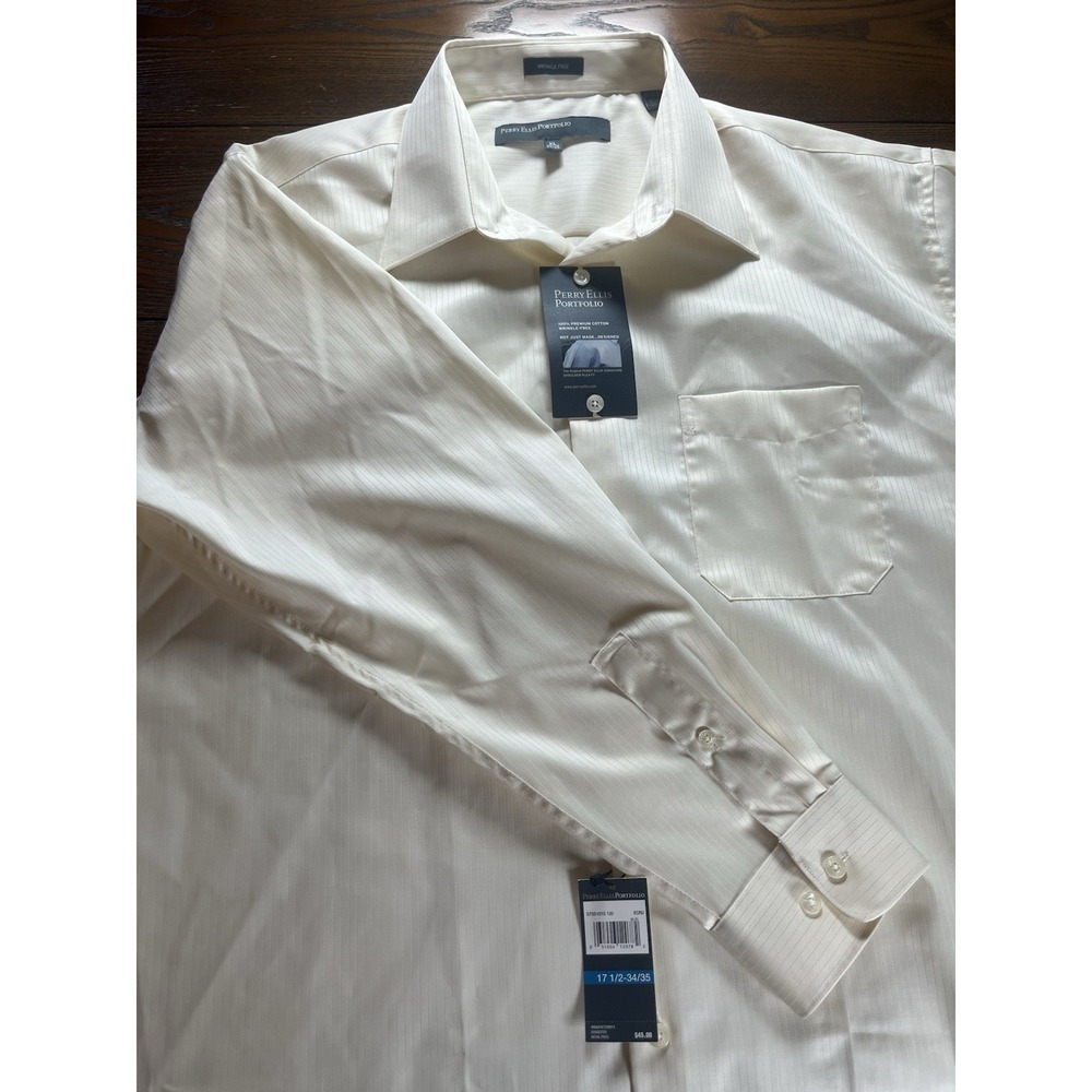 NEW Perry Ellis Portfolio Dress Shirt Winkle Free Yellow Mens Size 17.5 34/35 XL